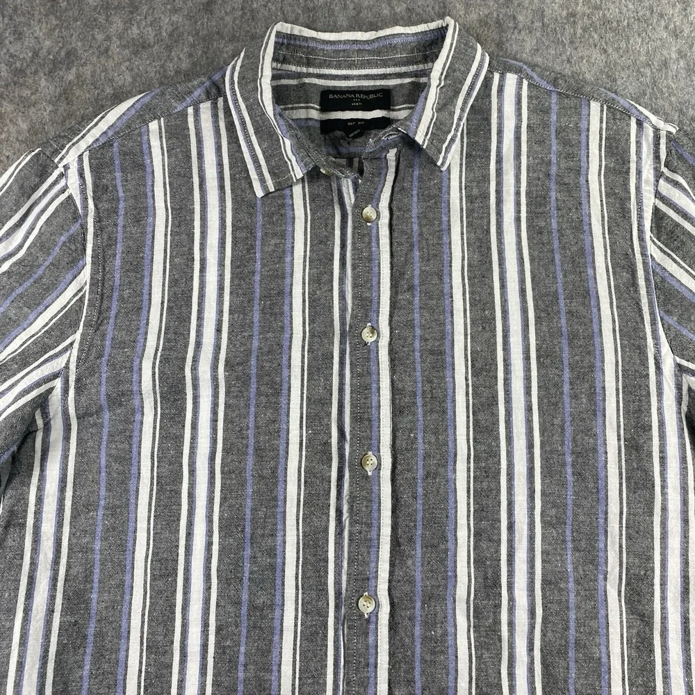 Banana Republic Linen Shirt Men's XL Slim‎ Striped Short Sleeve Gray Blue Summer